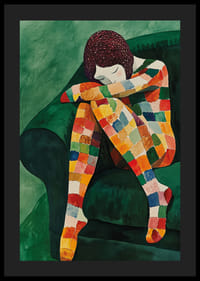 A színes négyzetek zöld tónusokkal harmóniában ölelnek át egy töprengő figurát-4