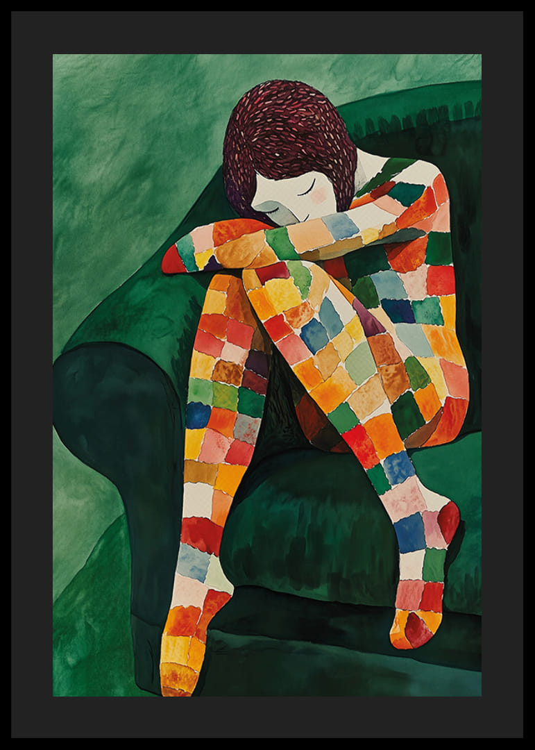 A színes négyzetek zöld tónusokkal harmóniában ölelnek át egy töprengő figurát-12