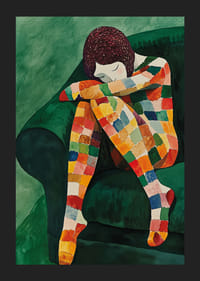 A színes négyzetek zöld tónusokkal harmóniában ölelnek át egy töprengő figurát-5