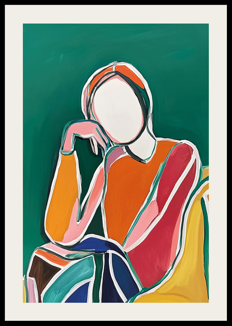 Stilisert figur i fargerike nyanser mot en dyp grønn bakgrunn-12