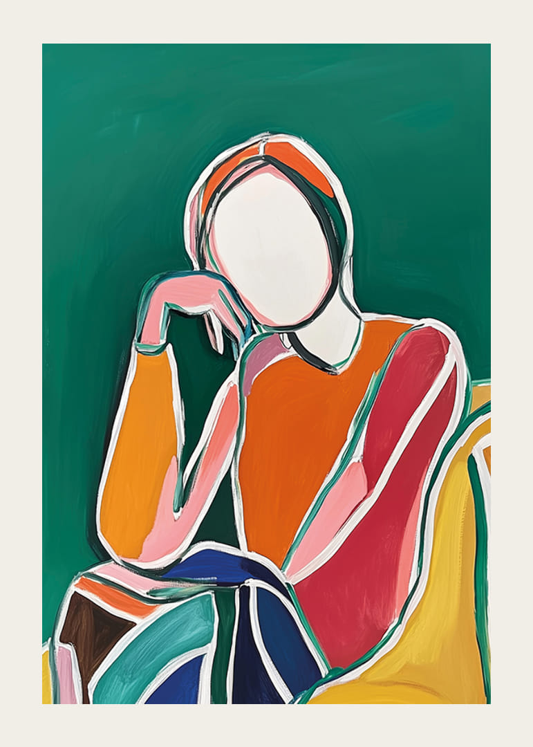 Stilisert figur i fargerike nyanser mot en dyp grønn bakgrunn-12