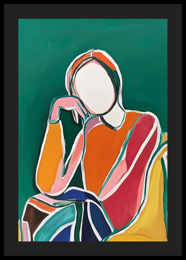 Stilisert figur i fargerike nyanser mot en dyp grønn bakgrunn-12