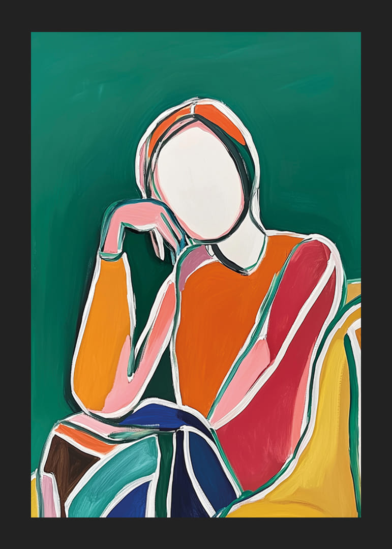 Stilisert figur i fargerike nyanser mot en dyp grønn bakgrunn-12