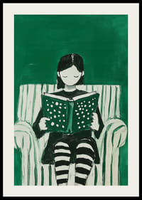 Enkel og beroligende, en jente fordypet i en bok mot en grønn bakgrunn-2