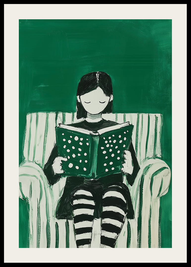 Enkel og beroligende, en jente fordypet i en bok mot en grønn bakgrunn-12