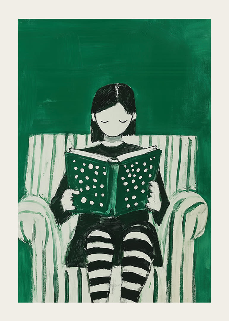 Enkel og beroligende, en jente fordypet i en bok mot en grønn bakgrunn-12