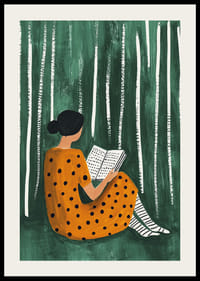 Een vrouw leest in harmonie tussen gestileerde bomen-2