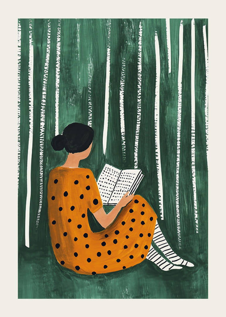 Een vrouw leest in harmonie tussen gestileerde bomen-12