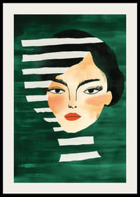 Abstrakt portrett av en dristig kvinne, innrammet av livlige grønne toner-2