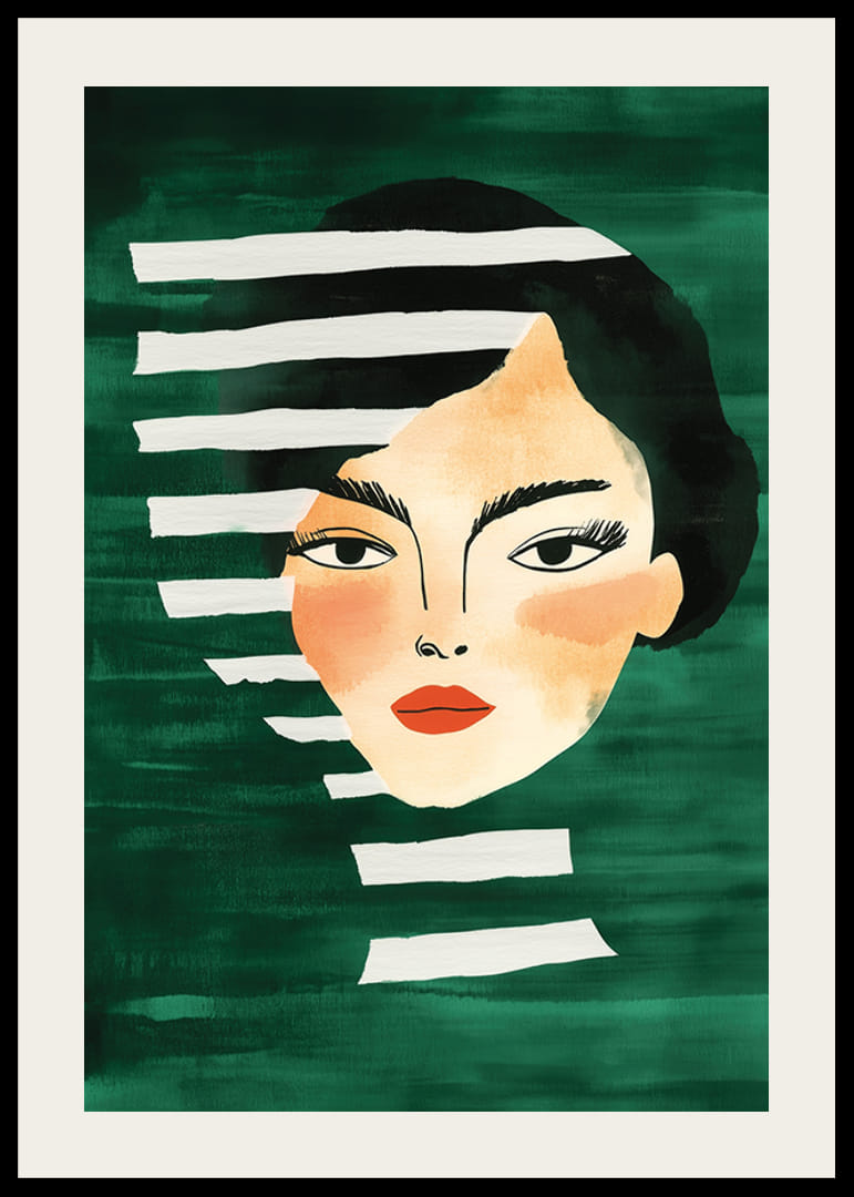 Abstrakt portrett av en dristig kvinne, innrammet av livlige grønne toner-12