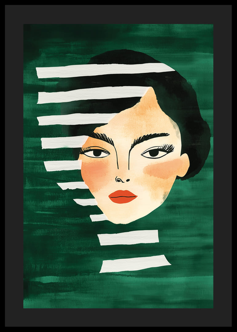 Abstrakt portrett av en dristig kvinne, innrammet av livlige grønne toner-12