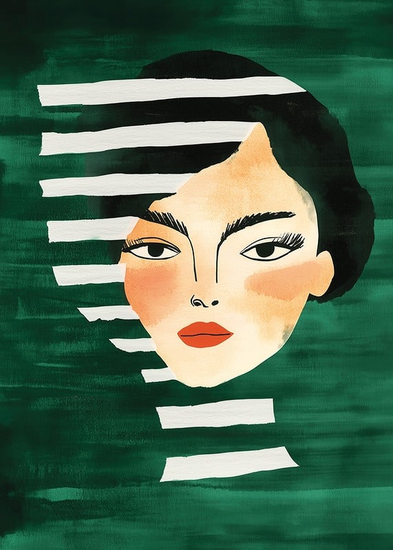 Abstract portrait of a bold woman, framed by vibrant green tones-12