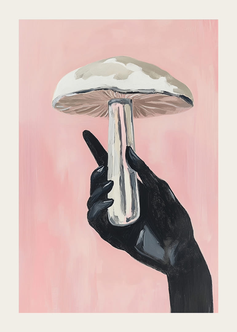 Stílusos kéz emeli gombát a rózsaszín égen, élénk és titokzatos-12