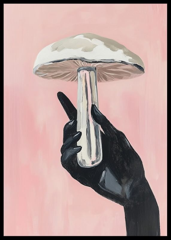 Stijlvolle hand tilt paddenstoel op tegen roze lucht, levendig en mysterieus-12