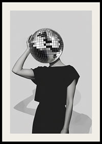 A mysterious mirror ball dancer in elegant black against a gray background-2