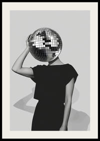A mysterious mirror ball dancer in elegant black against a gray background-2