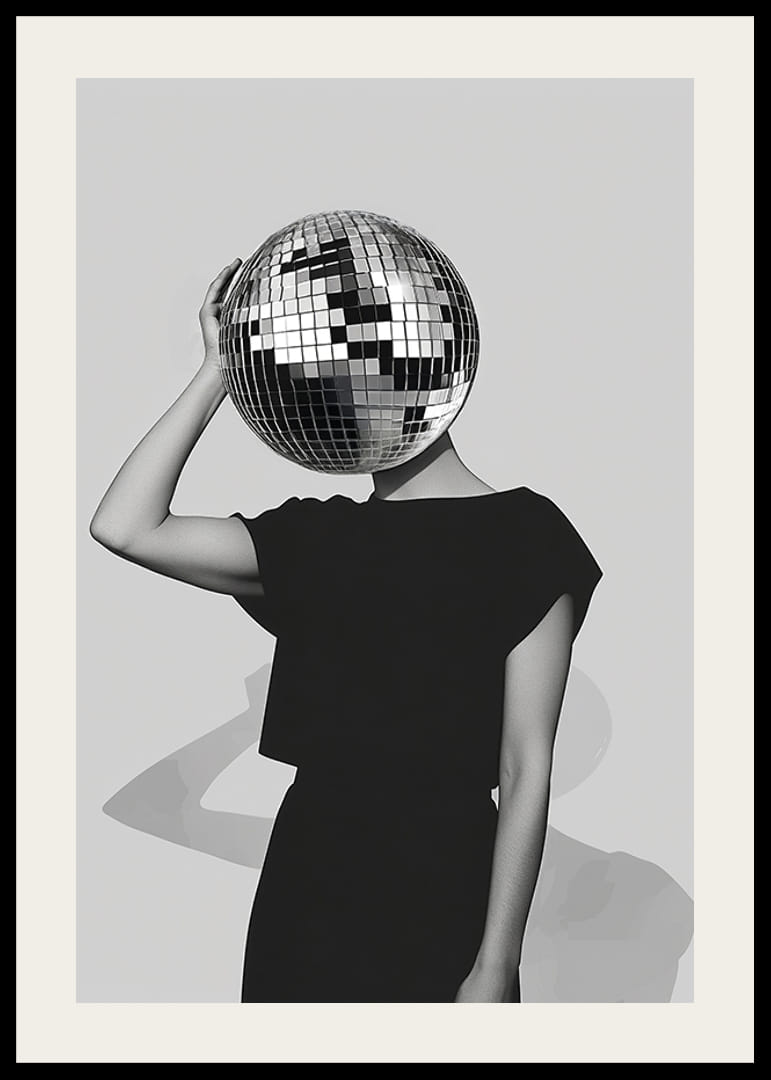 A mysterious mirror ball dancer in elegant black against a gray background-12