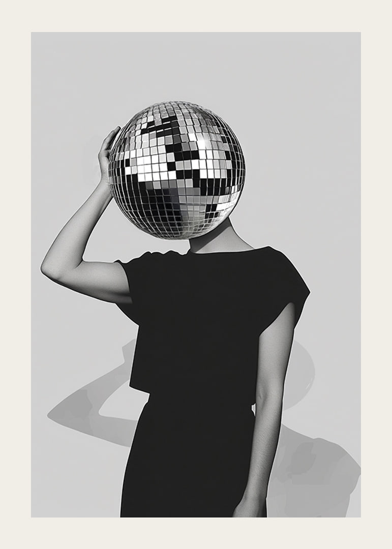 A mysterious mirror ball dancer in elegant black against a gray background-12