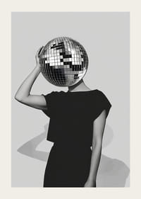 A mysterious mirror ball dancer in elegant black against a gray background-3