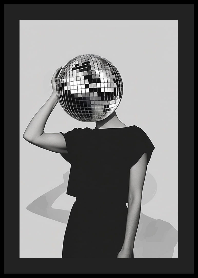 A mysterious mirror ball dancer in elegant black against a gray background-12