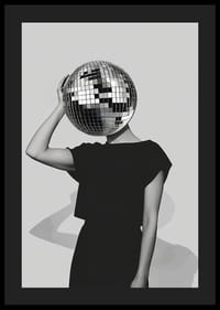 A mysterious mirror ball dancer in elegant black against a gray background-4