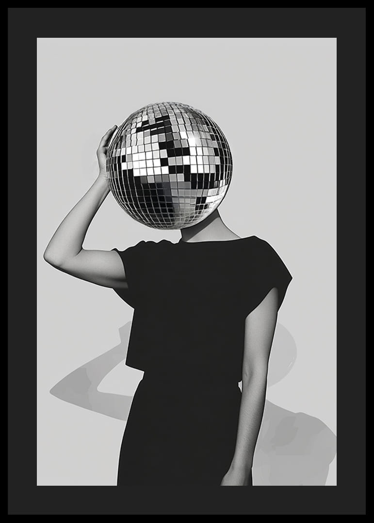 A mysterious mirror ball dancer in elegant black against a gray background-12