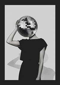 A mysterious mirror ball dancer in elegant black against a gray background-5