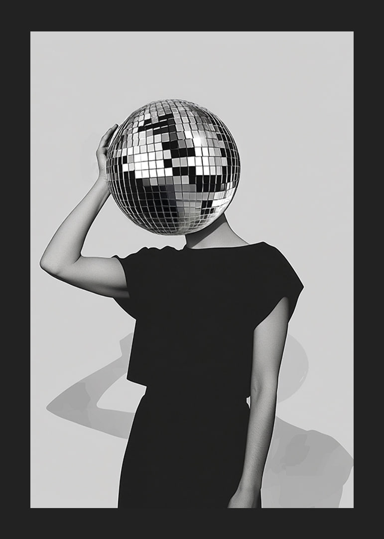 A mysterious mirror ball dancer in elegant black against a gray background-12