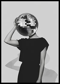 A mysterious mirror ball dancer in elegant black against a gray background-6