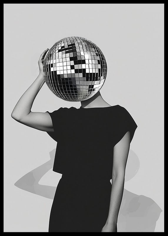A mysterious mirror ball dancer in elegant black against a gray background-12