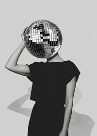 A mysterious mirror ball dancer in elegant black against a gray background-7