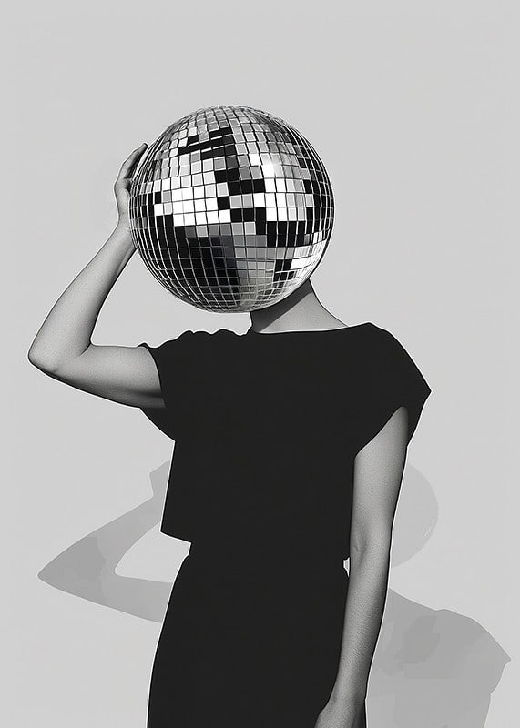 A mysterious mirror ball dancer in elegant black against a gray background-12