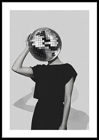 A mysterious mirror ball dancer in elegant black against a gray background-0