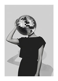 A mysterious mirror ball dancer in elegant black against a gray background-1