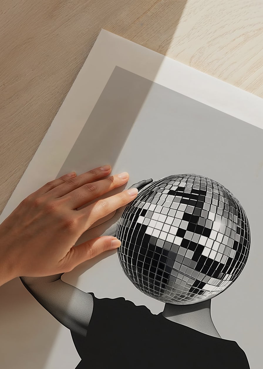 A mysterious mirror ball dancer in elegant black against a gray background-12