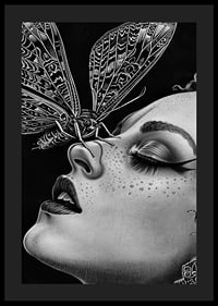 A dreamy moth kisses a face in black and white mystery-0