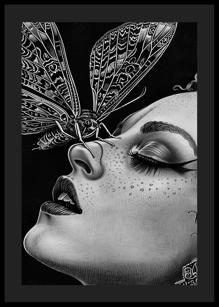 En drömlik nattfjäril kysser ett ansikte i svartvit mystik-12