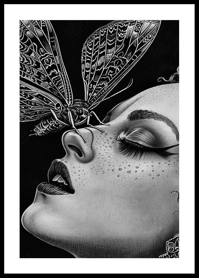 En drömlik nattfjäril kysser ett ansikte i svartvit mystik-12