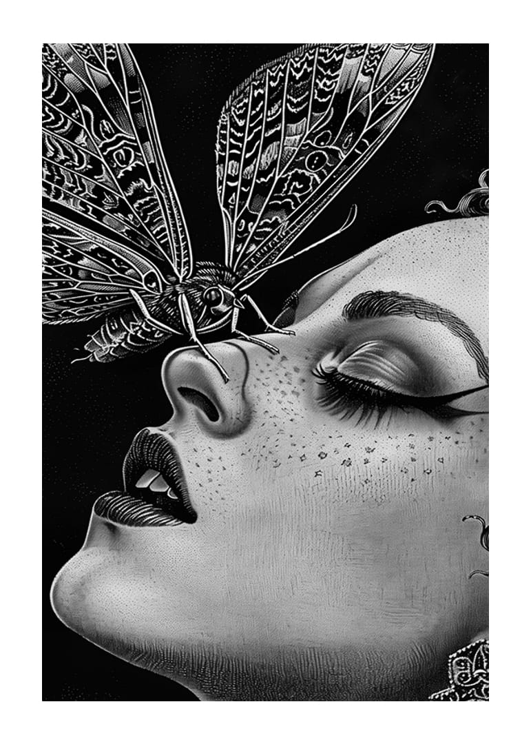 En drömlik nattfjäril kysser ett ansikte i svartvit mystik-12