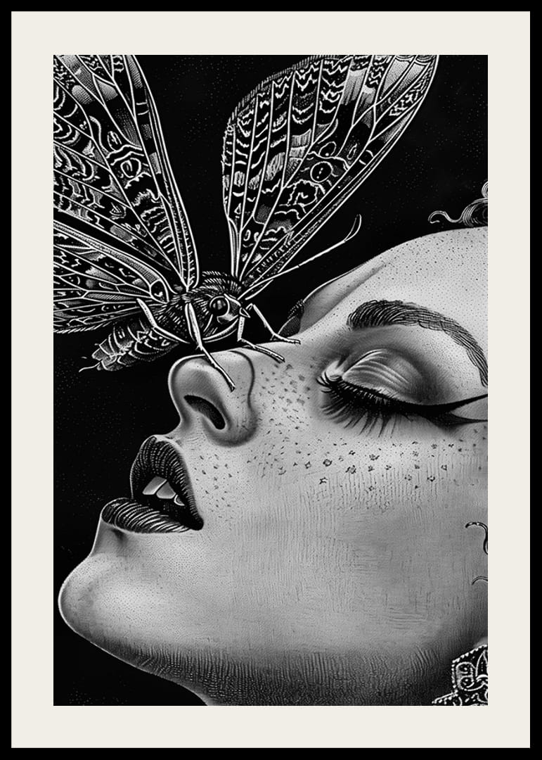 En drömlik nattfjäril kysser ett ansikte i svartvit mystik-12
