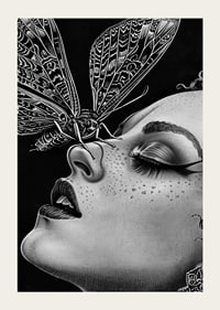 A dreamy moth kisses a face in black and white mystery-5