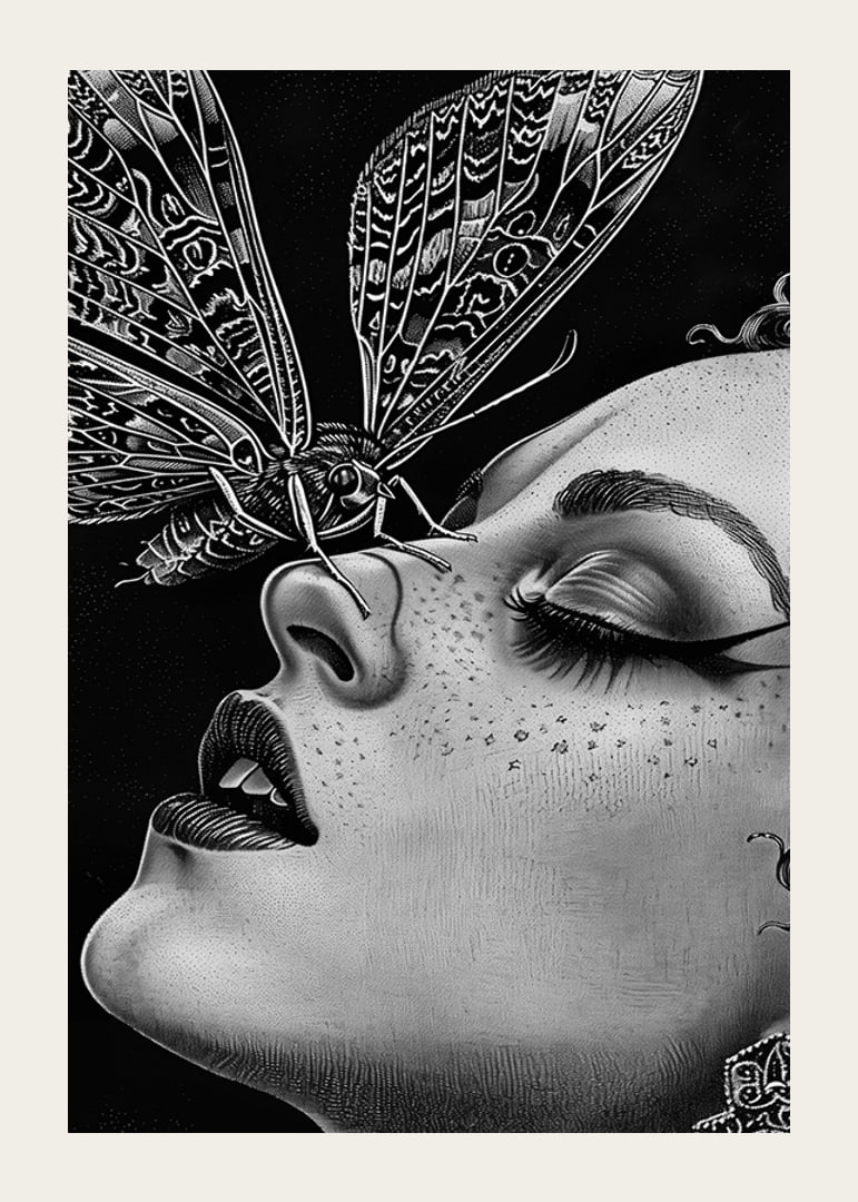 A dreamy moth kisses a face in black and white mystery-12