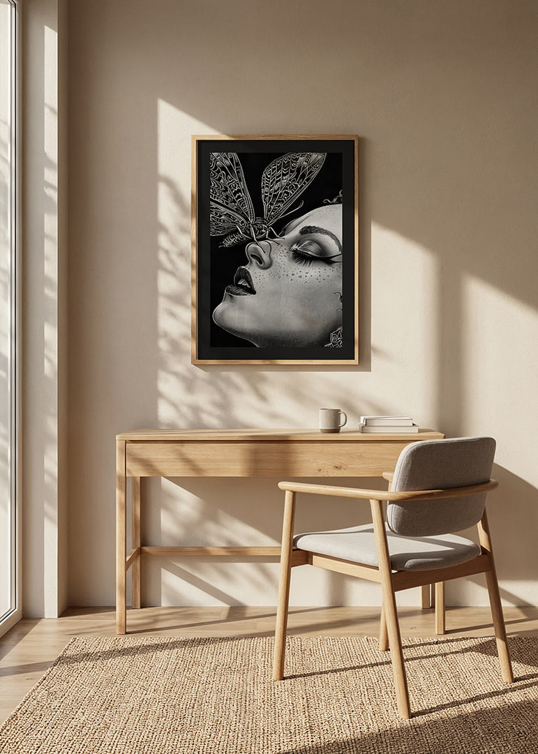 A dreamy moth kisses a face in black and white mystery-12