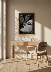 A dreamy moth kisses a face in black and white mystery-8