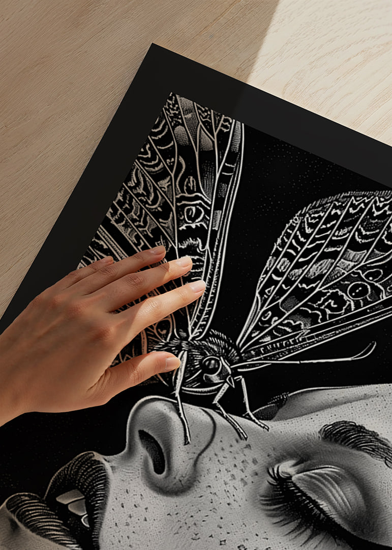 A dreamy moth kisses a face in black and white mystery-12