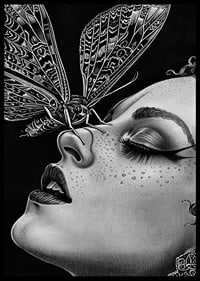 A dreamy moth kisses a face in black and white mystery-6