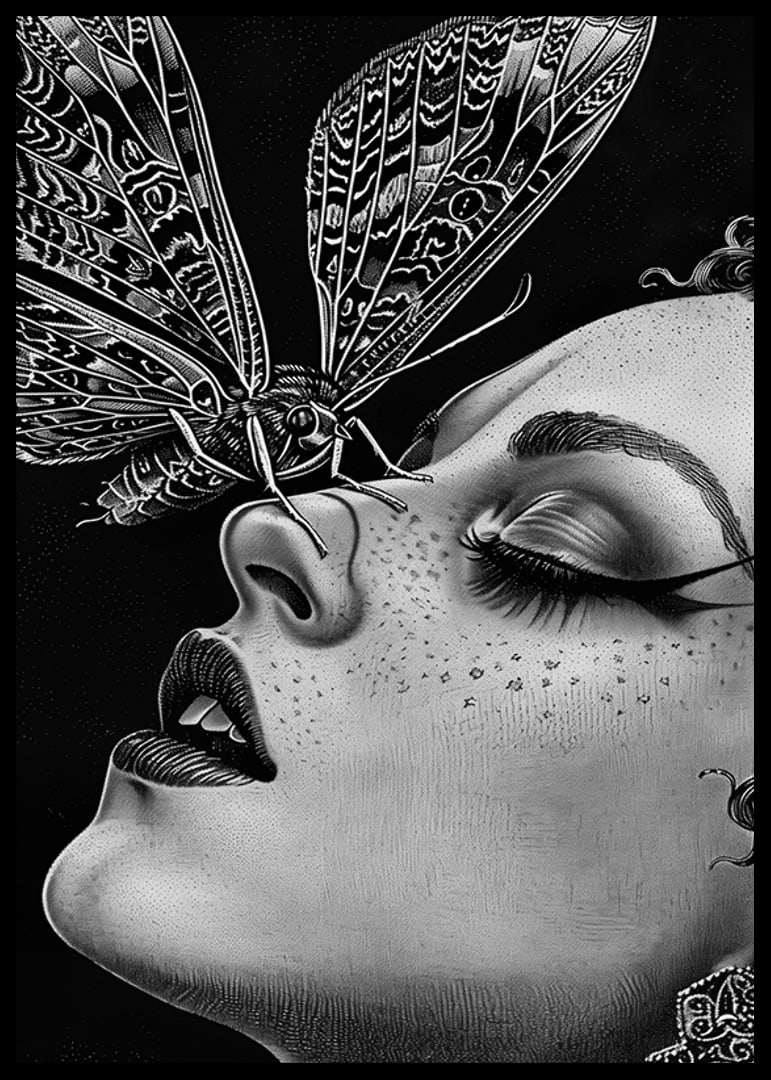 A dreamy moth kisses a face in black and white mystery-12