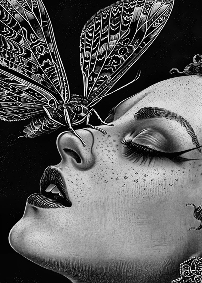 A dreamy moth kisses a face in black and white mystery-12