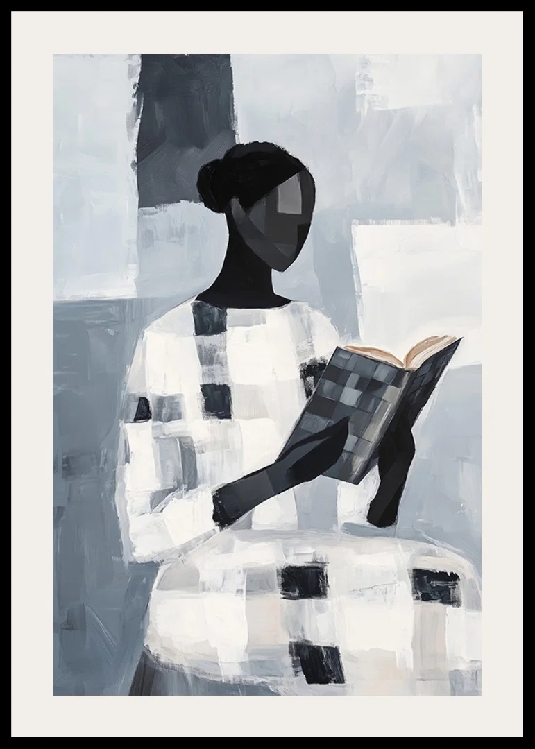 An elegant figure reads quietly in an abstract monochrome room-12