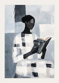 An elegant figure reads quietly in an abstract monochrome room-3
